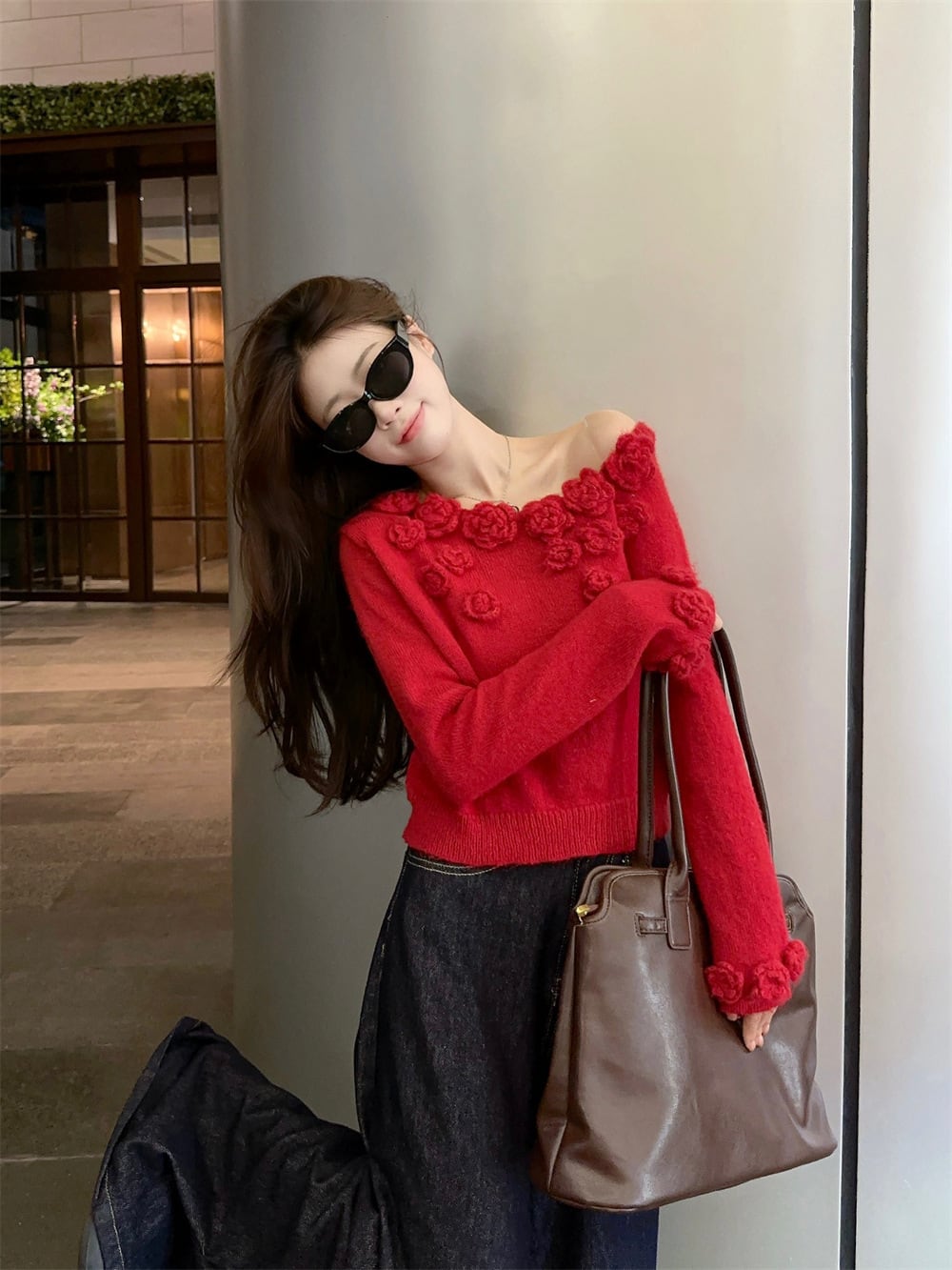 【tops】フラワーモチーフニットセーター　M26116
