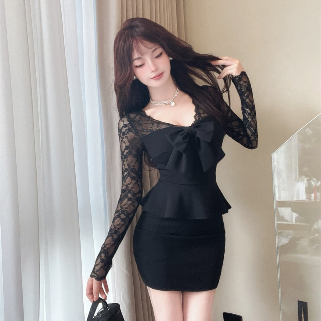 【dress】レース切り替えリボン付きワンピース　M27379