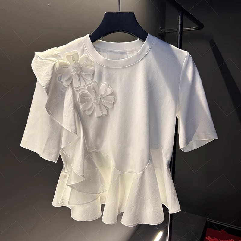 【tops】半袖ギャザーペプラムTシャツF7047