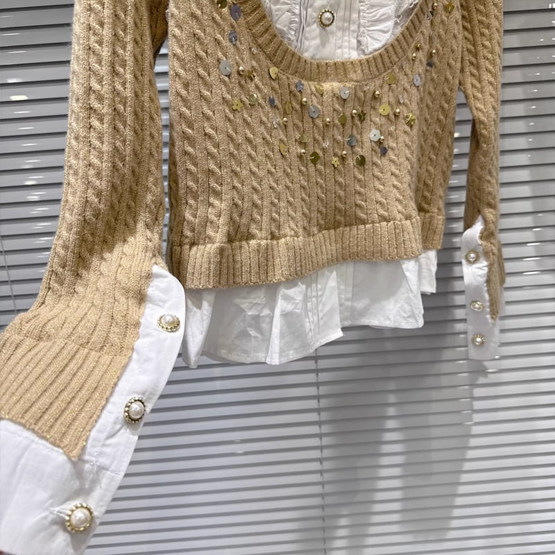 【tops】スパンコール付きフェイクレイヤードニットトップス Q7997