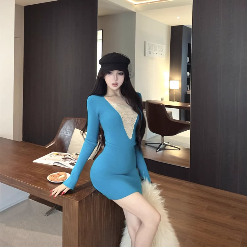 【dress】チェンドッキングニットワンピース Q8138