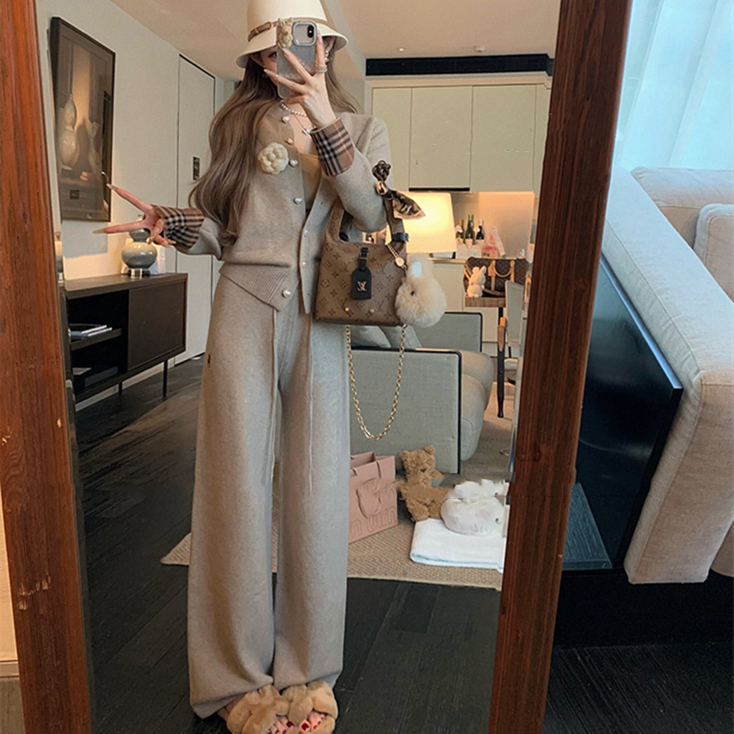 【set】チェック柄切り替えニットカーディガン×ワイドパンツセット　N3307