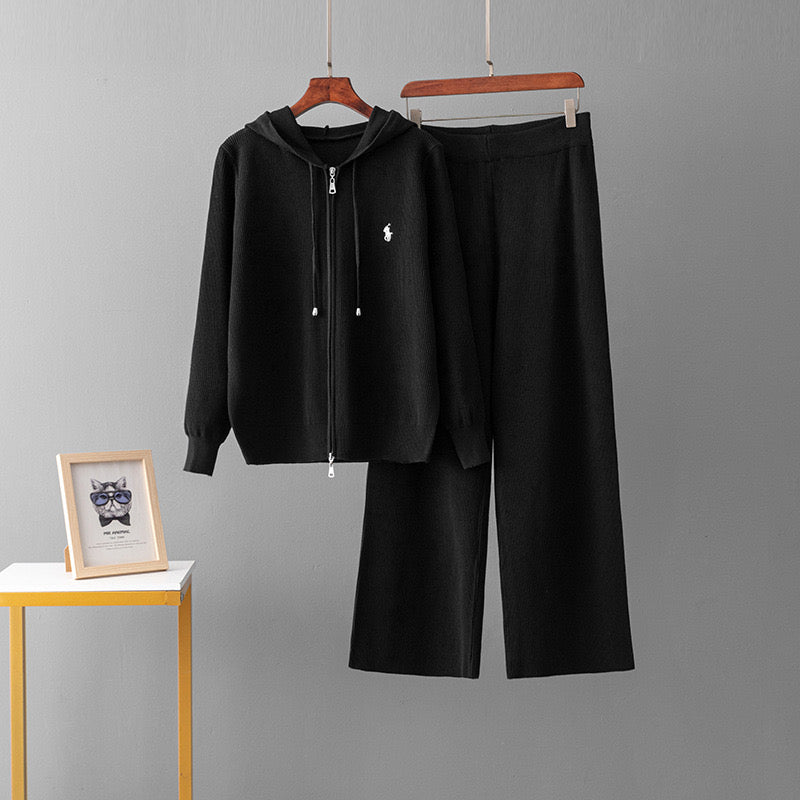 【set】4色フード付きパーカー＋ガウチョパンツニット2点セットF8100