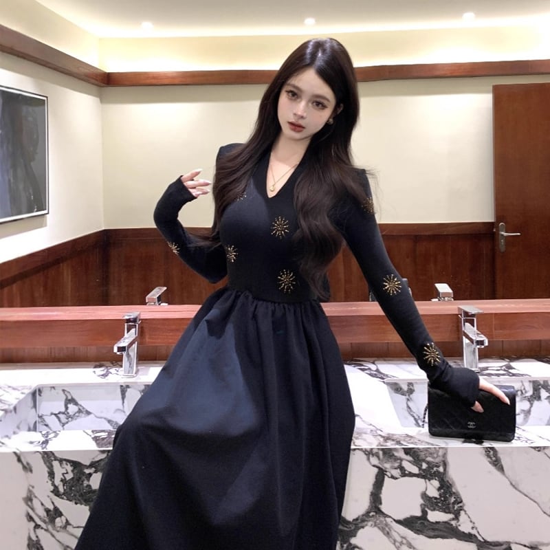 【dress】Ｖネックロングワンピース Q7113