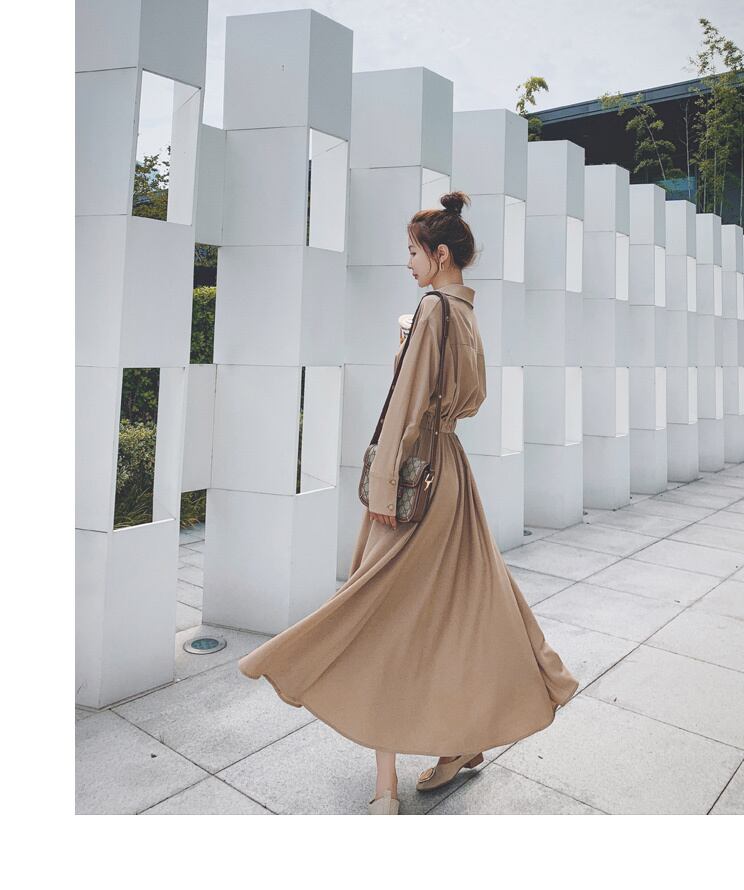 【dress】OL通勤気質満点レトロスウィート長袖Vネック無地着痩せワンピース