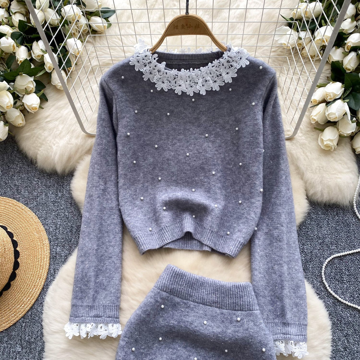 【set】レースパールニットセーター×スカートセット　M26233