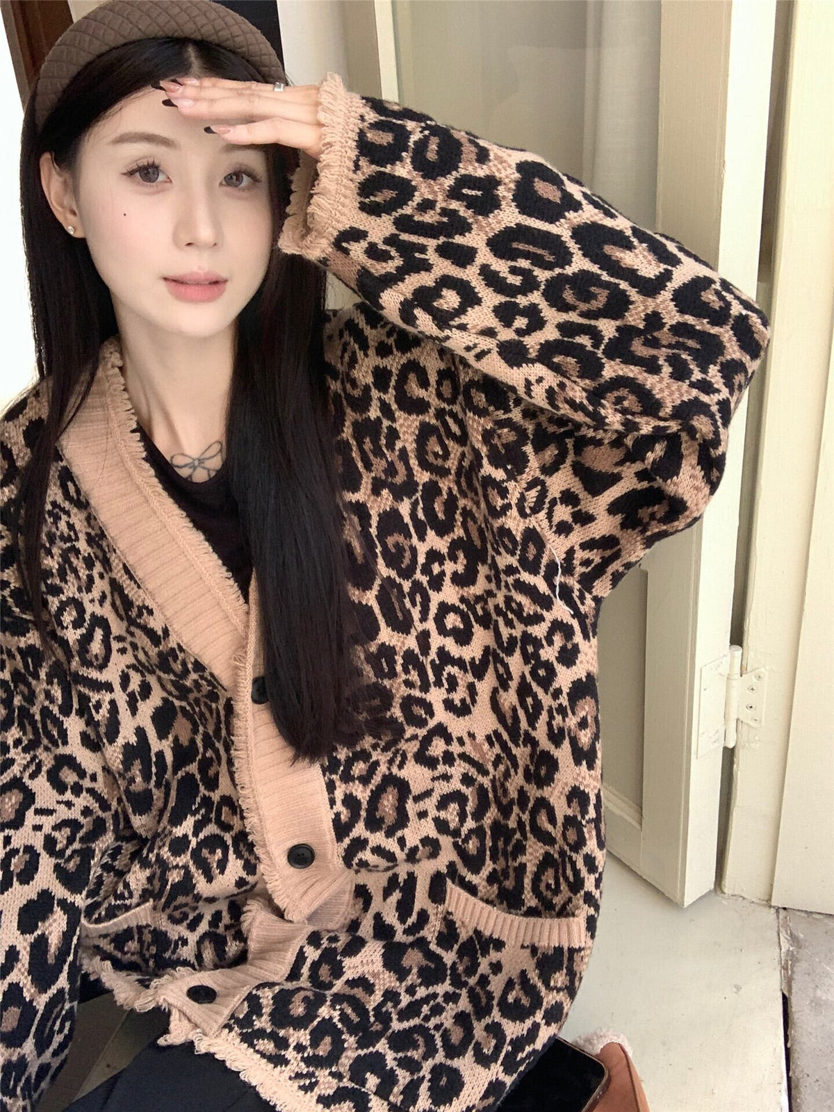 【outer】ヒョウ柄ニットカーデ　M26836