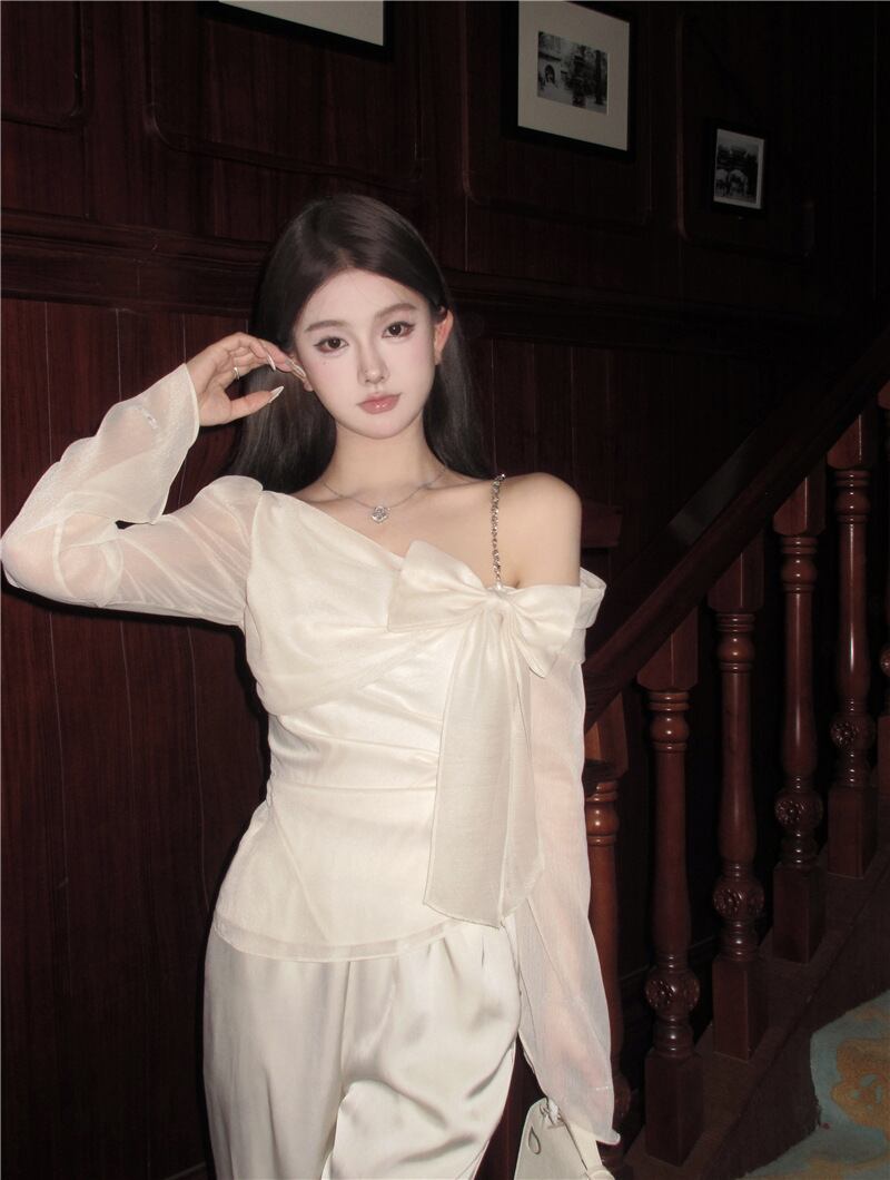 【tops】リボン付きオフショルダートップス　M28459