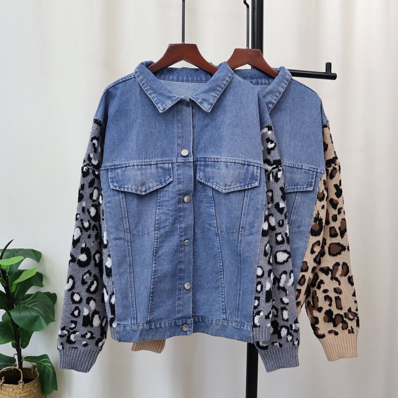【outer】ニットヒョウ柄スリーブデニムジャケット　M26764