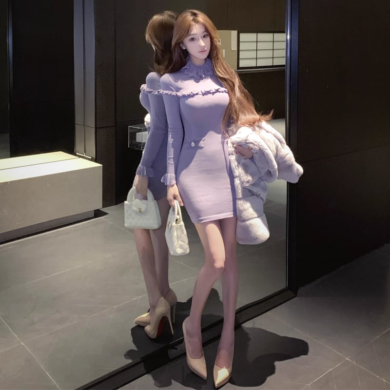 【dress】ギャザーフリルニットワンピース Q7676