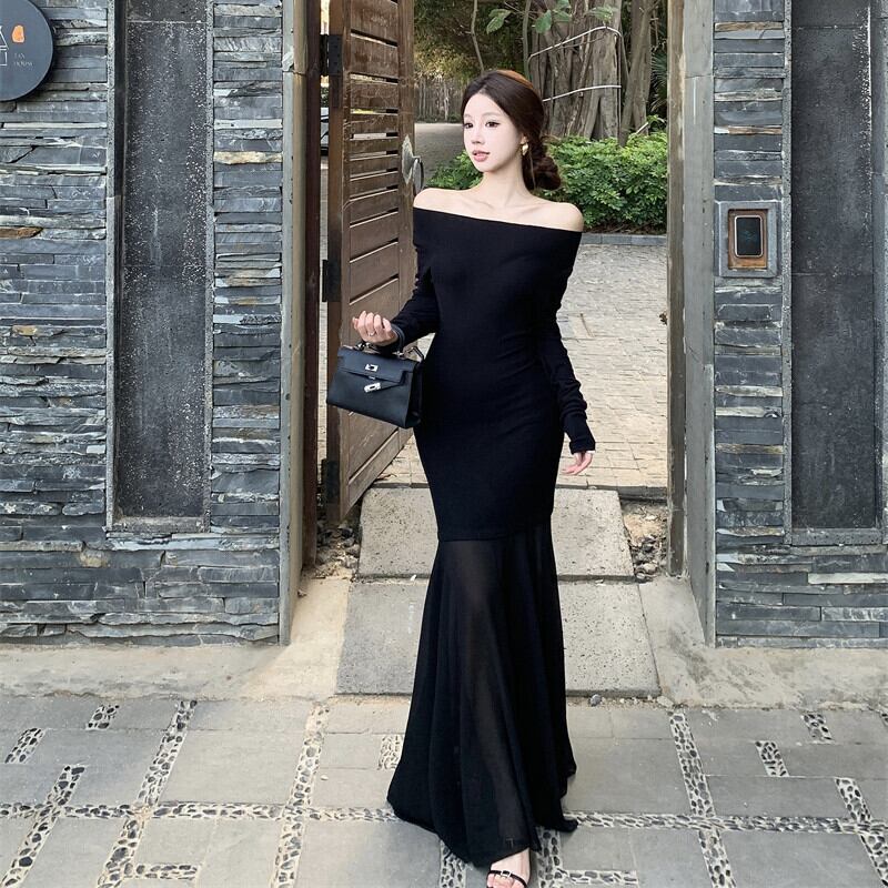 【dress】チュールコンビボートネックマーメイドワンピース　M29764