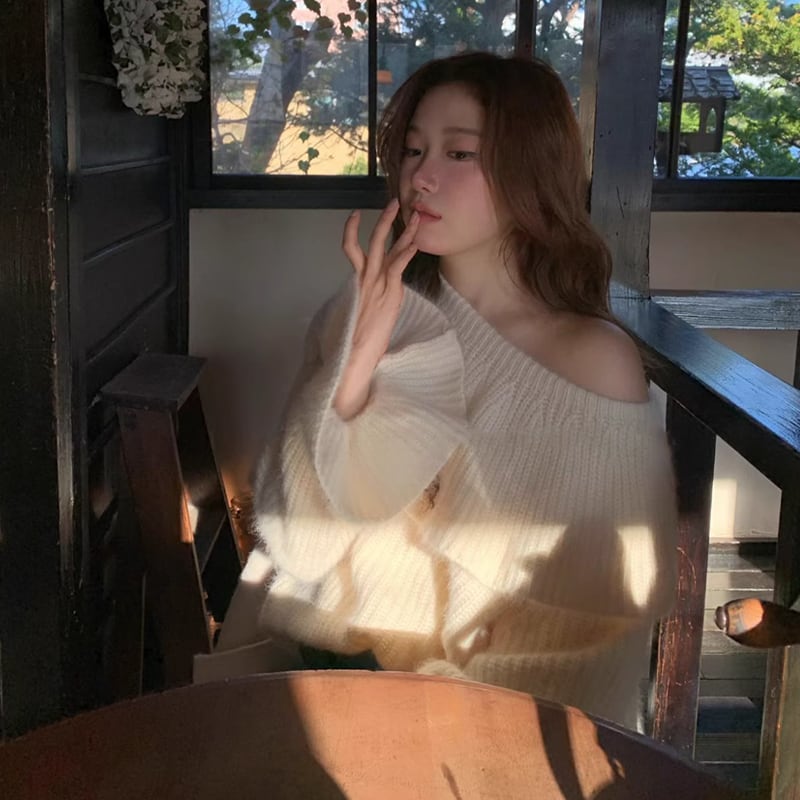 【tops】オフショルダーラペルニットトップス Q7643