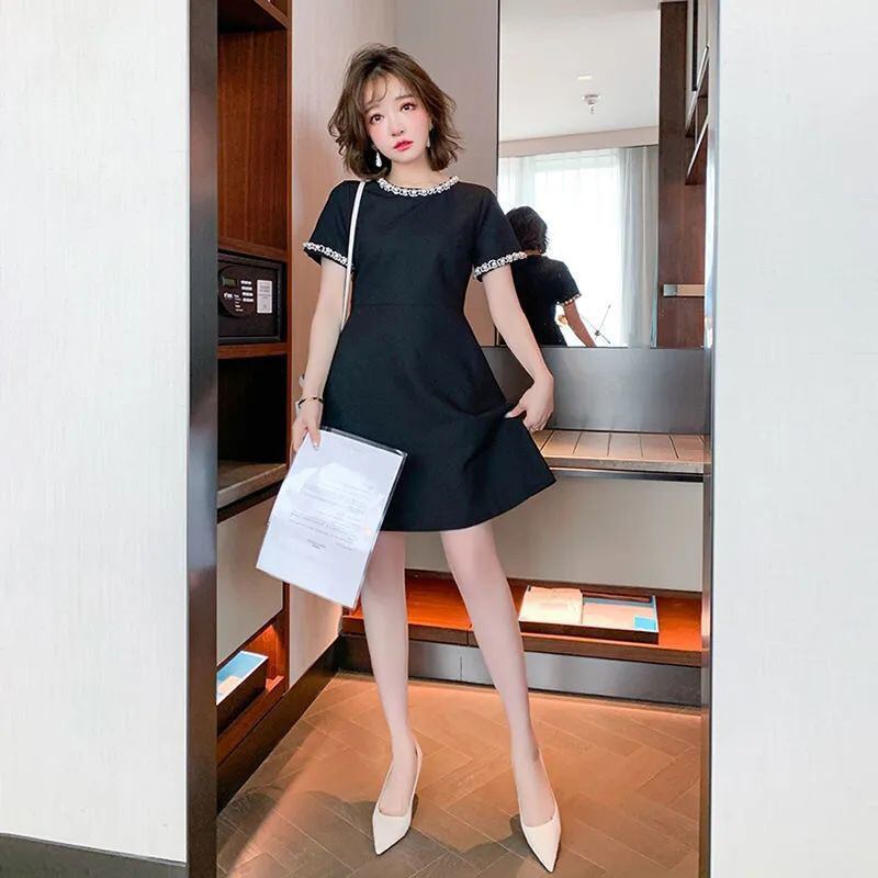 【dress】美人度アップラウンドネック半袖ビーズ飾り無地韓国ファッションワンピースF5030