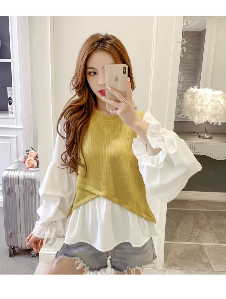 【tops】韓国ファッション早秋新作ラウンドネック長袖パフ袖偽二つ切り替えニットブラウスF0743