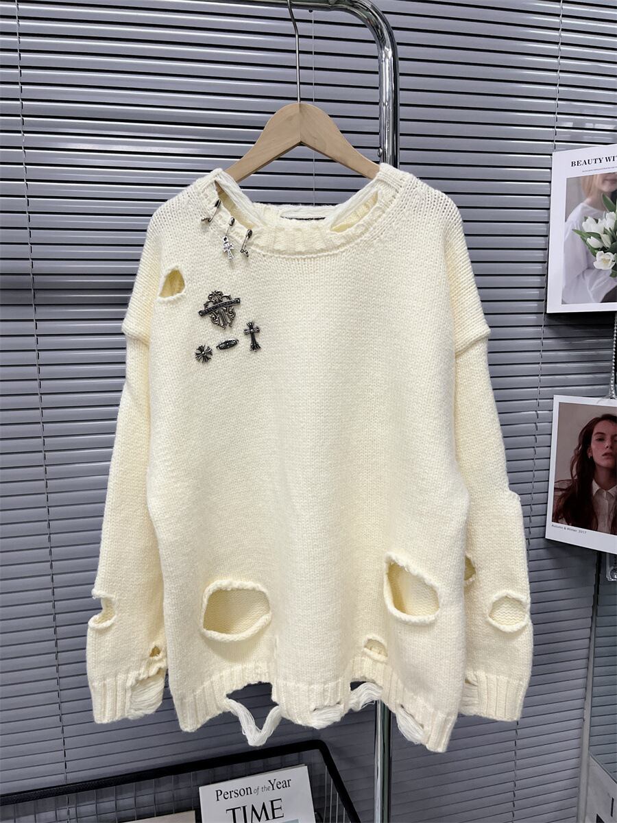 【tops】ダメージ加工ニットセーター　M18470