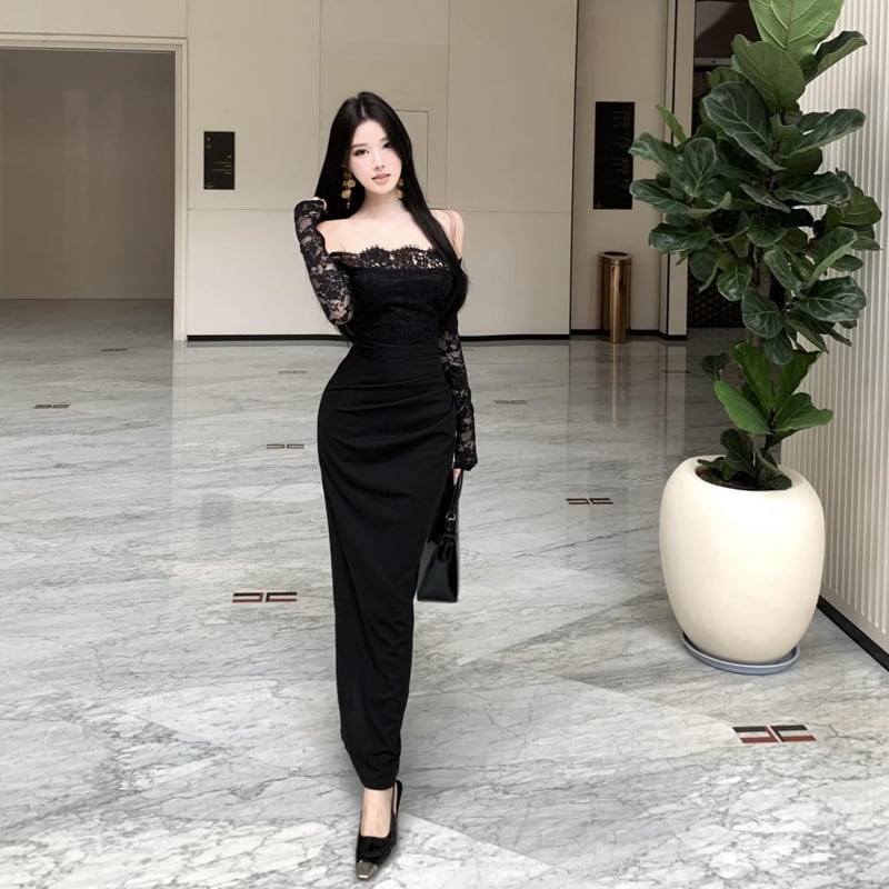【dress】オフショルダーレースドッキングワンピース Q7421