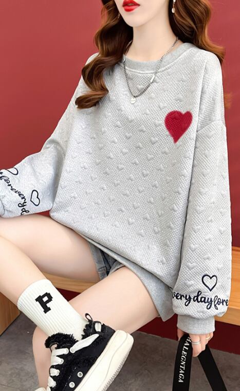 【tops】INS風ラウンドネック長袖ハート柄カジュアル薄手パーカーF3574