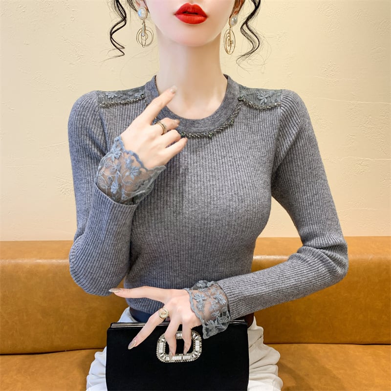 【tops】レース切り替えニットトップス　M27728