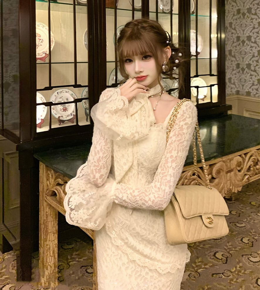 【dress】ベルスリーブマーメイドレースワンピース　N3499