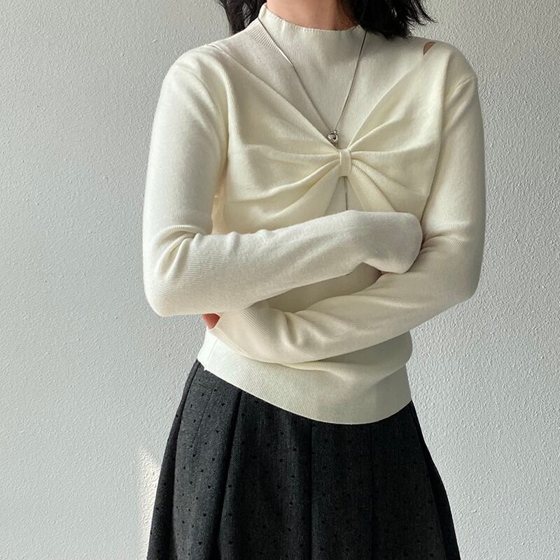 【tops】リボンフェイクレイヤードニットトップス Q7240