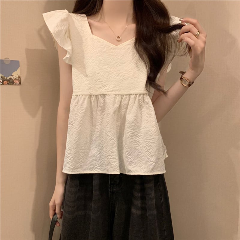 【tops】5色フレンチスリーブフリルブラウスF7483