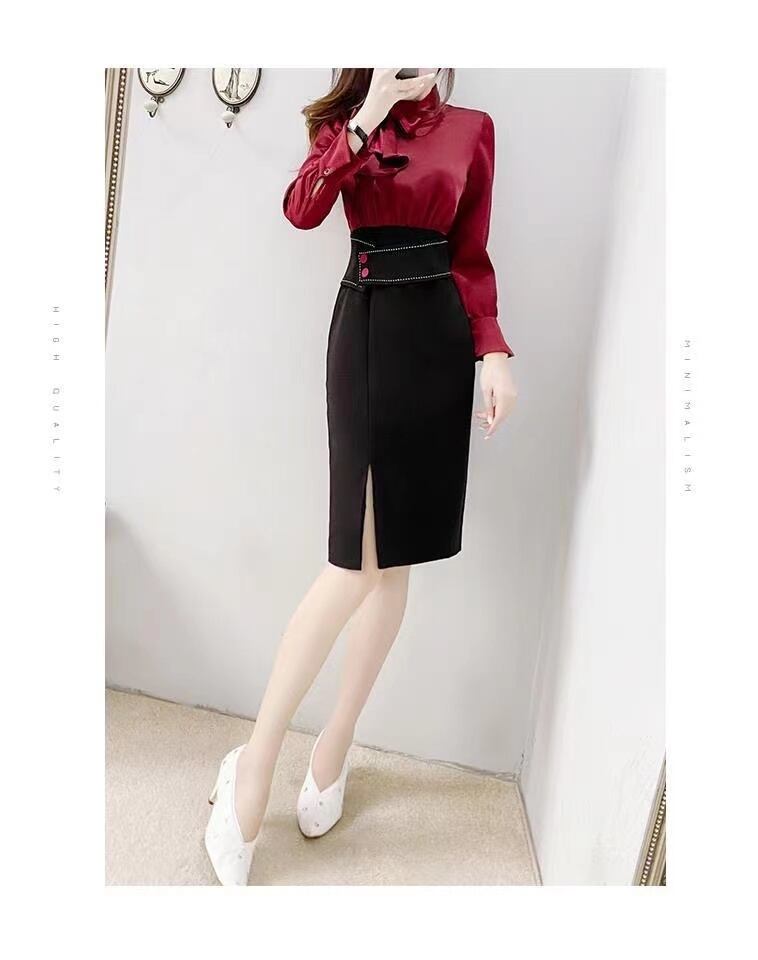 【dress】女性力を高める〜スリット長袖体型カバー配色切り替えおしゃれ春タイトワンピースF1602