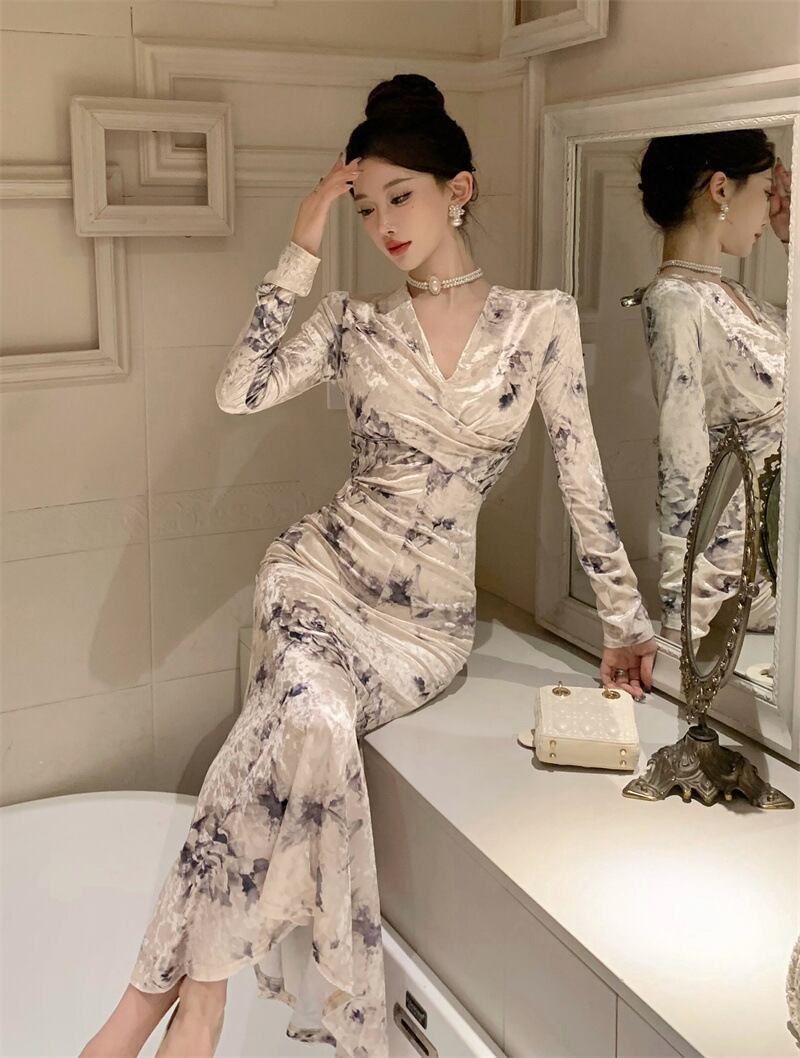 【dress】Vネックプリントワンピース G19641