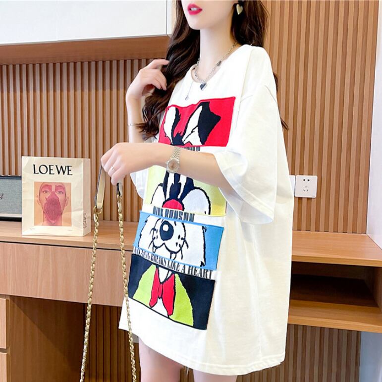 【tops】2色ラウンドネック半袖配色動物柄英字柄ゆったり着回しTシャツF2272