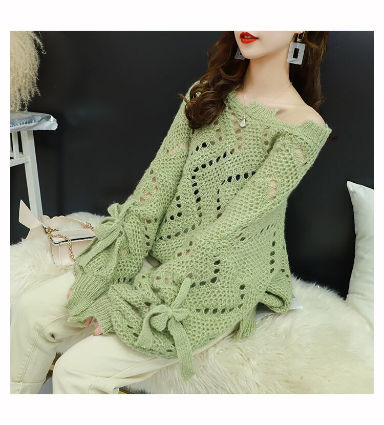 【tops】韓国ファッション3色ラウンドネック長袖透かし彫り薄手ニットセーターF0634