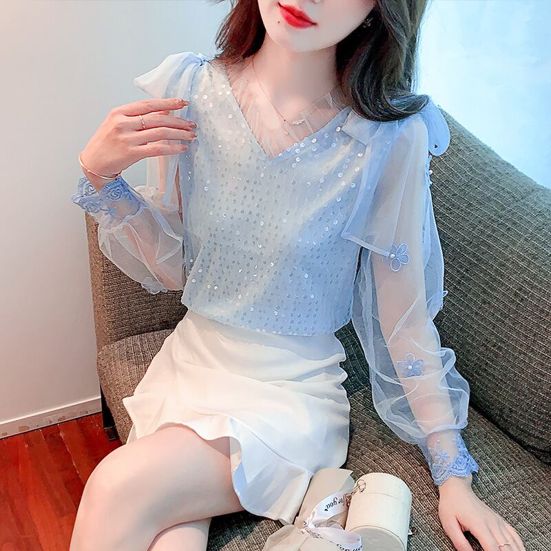 【tops】チュールコンビシャツトップス　M29227