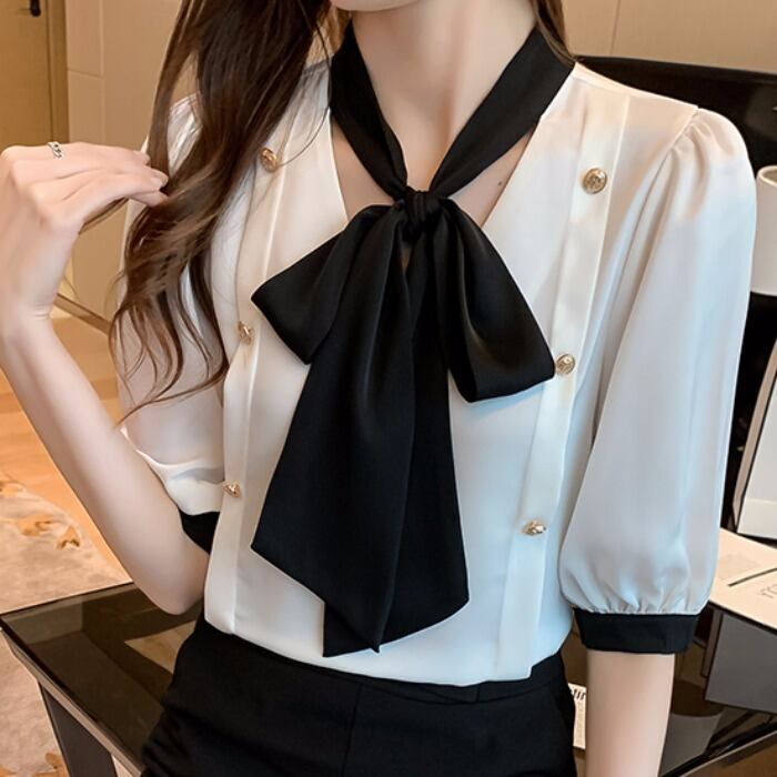 【tops】韓国ファッションタイカラー半袖配色着回しシンプルゆったりブラウスF0131