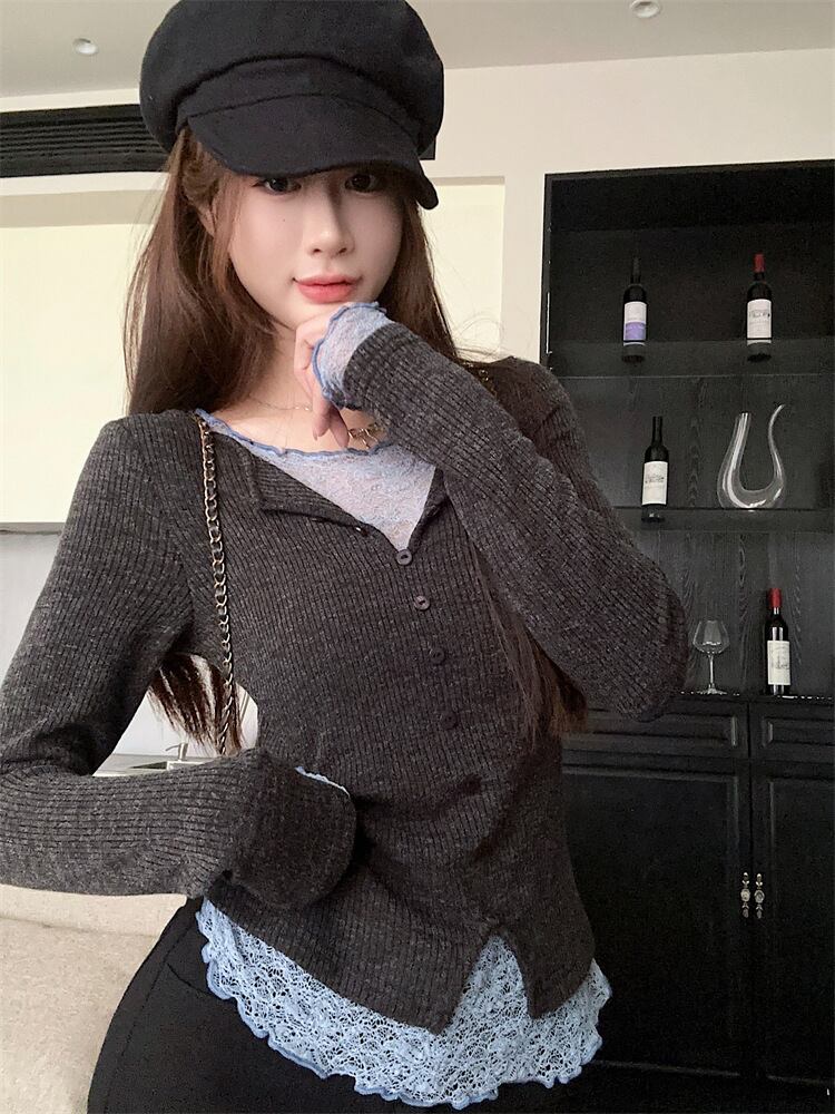 【【tops】レースドッキングニットトップス　M28831
