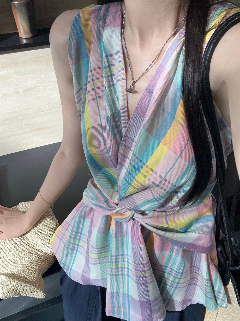 【tops】Vネック配色トップス　M24719
