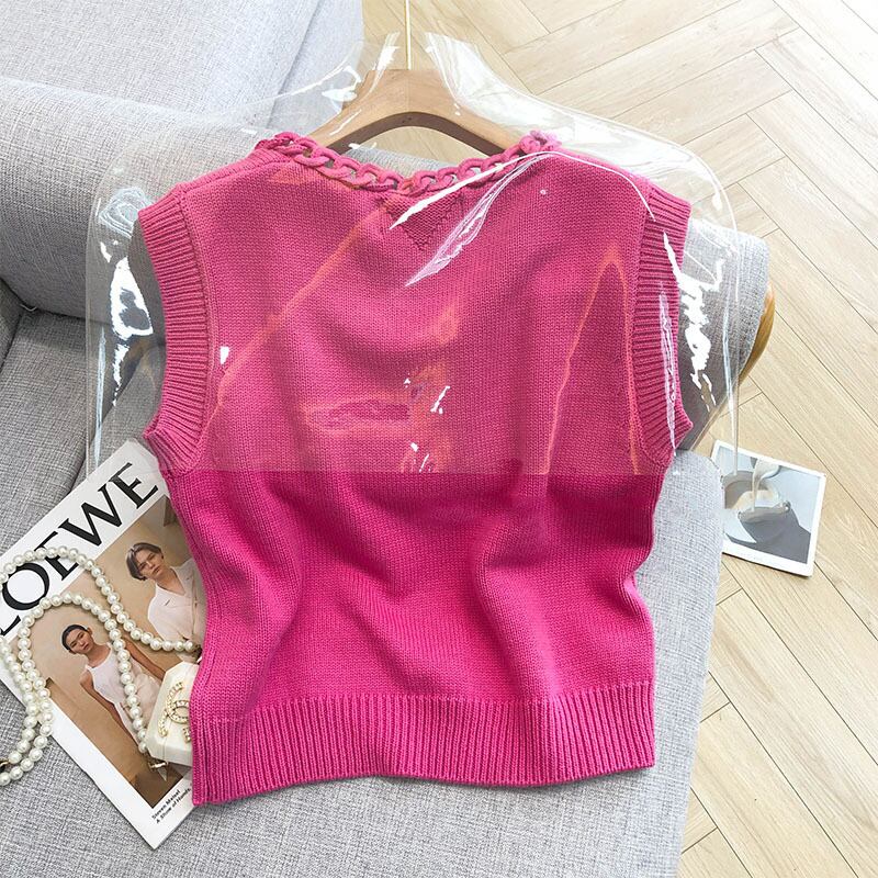 【tops】夏新作ラウンドネックノースリーブ無地透かし彫り着回しニットタンクトップF5620