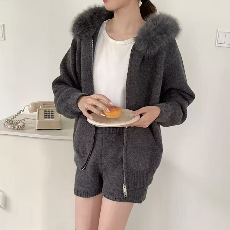 【set】ファー付きニットカーディガン×ショートパンツセット Q7467