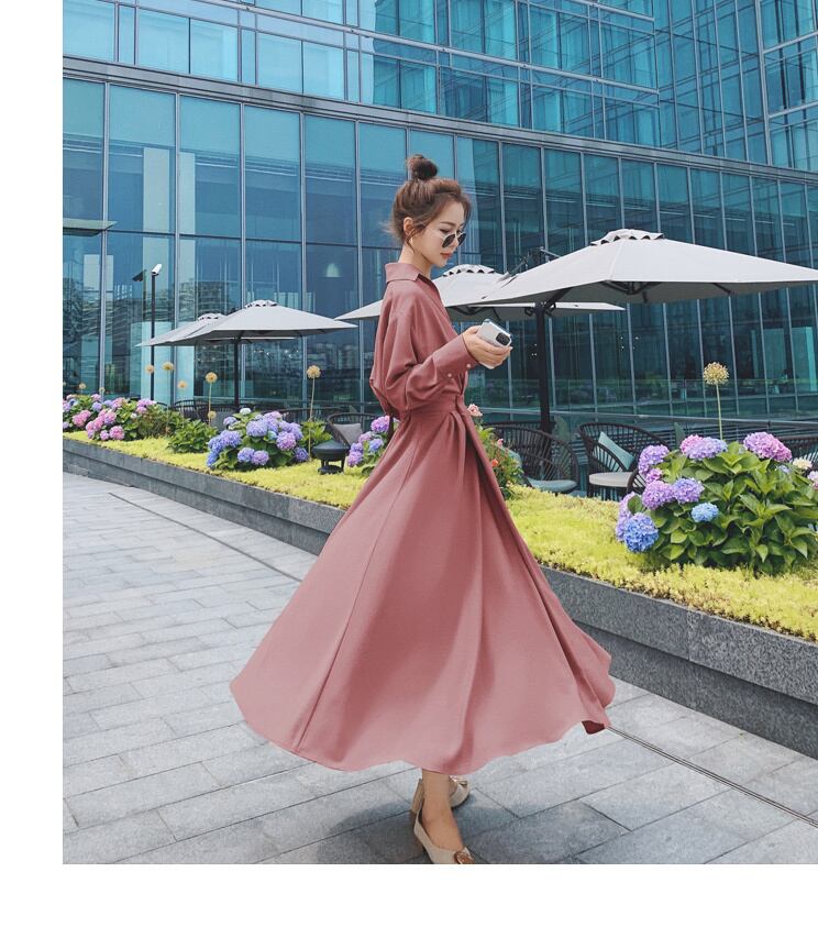 【dress】OL通勤気質満点レトロスウィート長袖Vネック無地着痩せワンピース