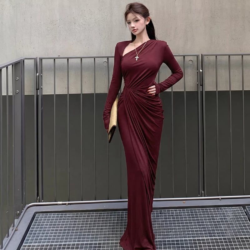 【dress】スリット入れギャザーデザインロングタイトワンピース Q8012