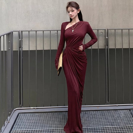 【dress】スリット入れギャザーデザインロングタイトワンピース Q8012