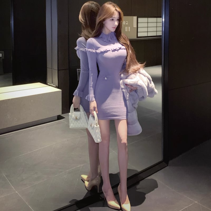 【dress】ギャザーフリルニットワンピース Q7676