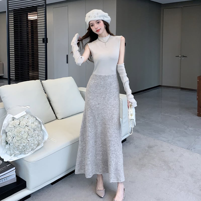【dress】アームカバー付きドッキングニットワンピース　M28118