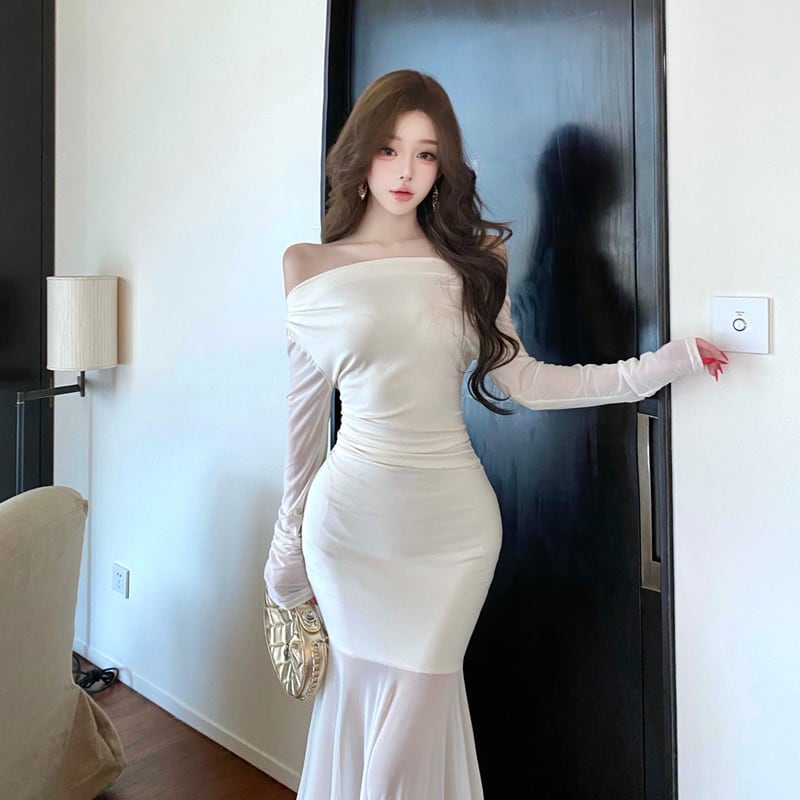 【dress】オフショルダーチュールドッキングワンピース Q7885