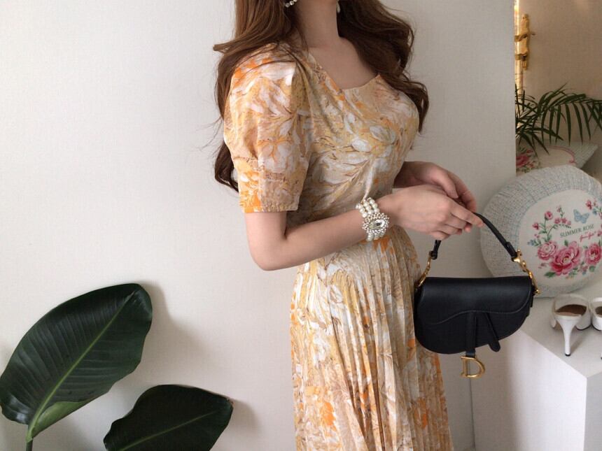 【dress】エレガント!気質満点レトロ韓流スタイルスクエアネックワンピース G6762