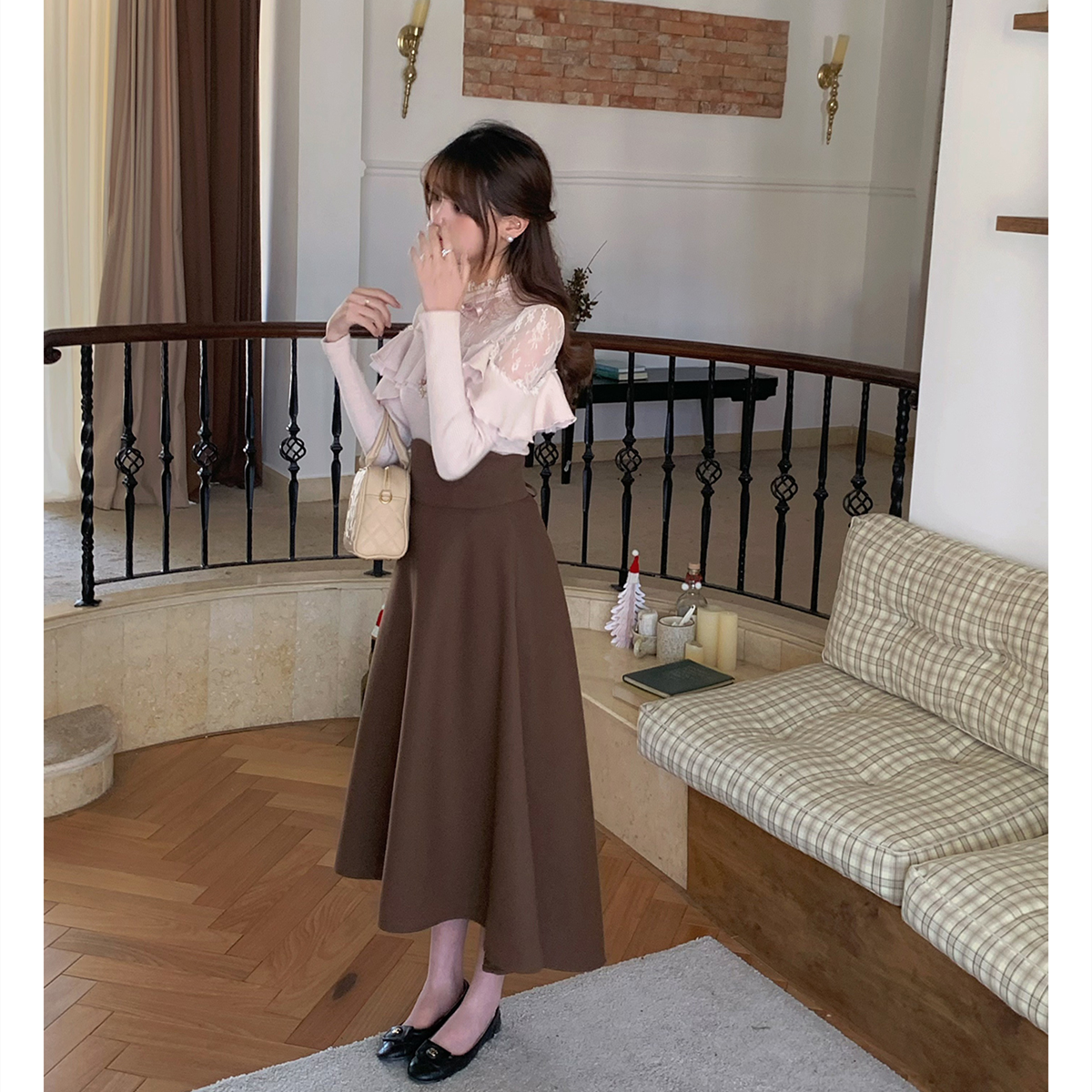 【set】レースフリルニットトップス×ロングスカートセット N3477