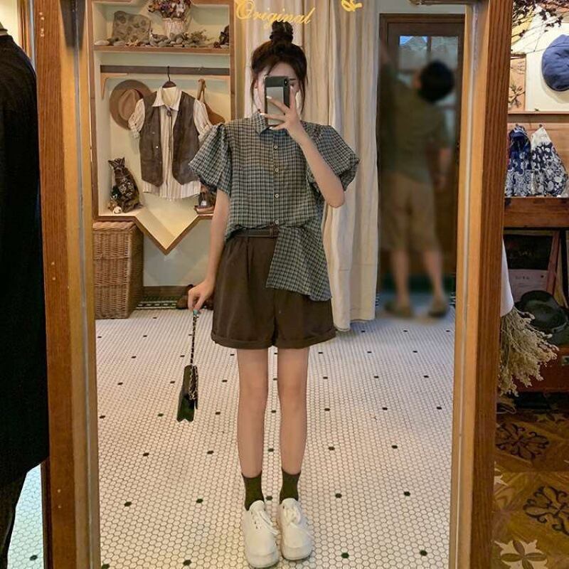 【set】チェック柄ブラウス+ショートパンツ２点セットG21352