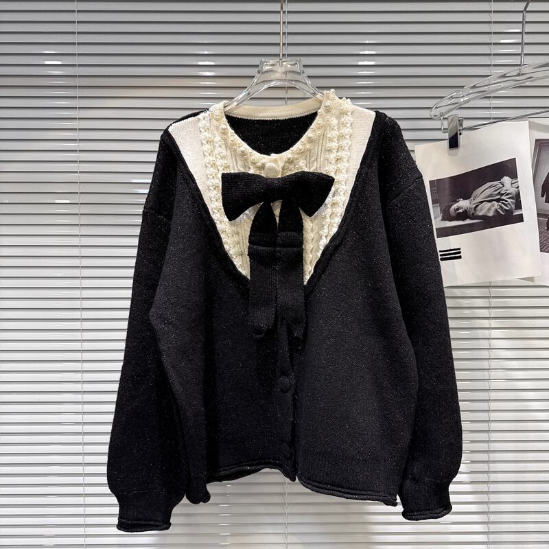 【outer】リボン付きフェイクレイヤードニットカーディガン Q7444