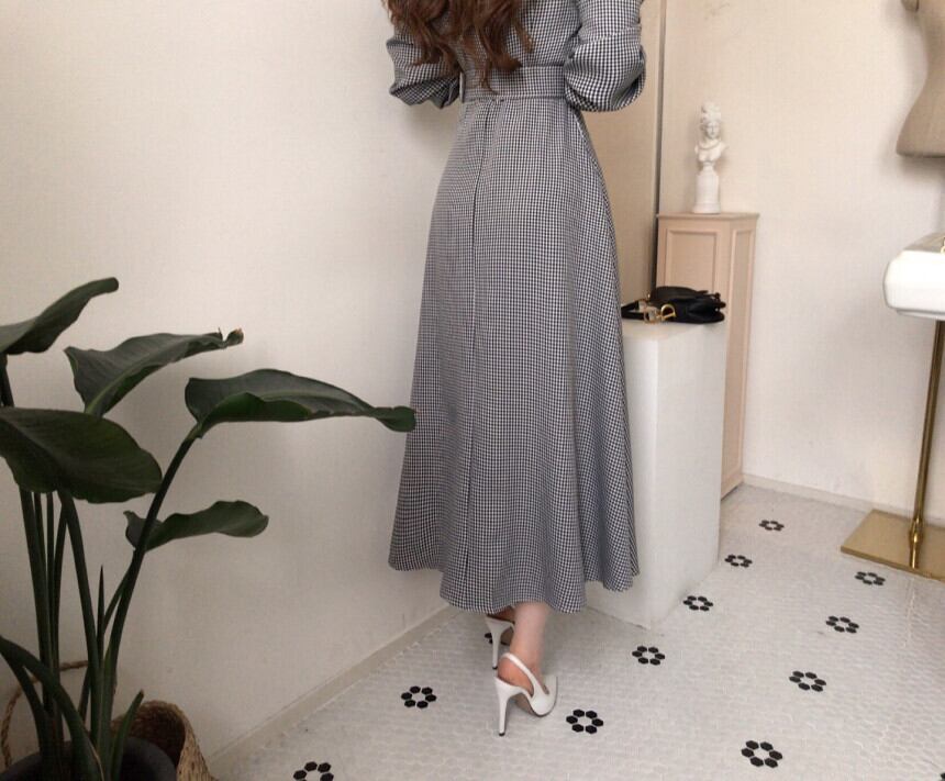 【dress】秋高級感 気質満点ドールカラーフランス風チェック柄ワンピース G1784