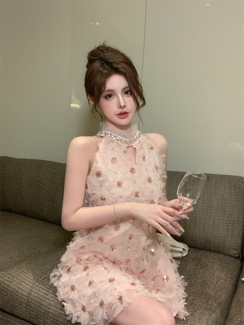 【dress】フラワーモチーフホルターネックワンピース　M24639