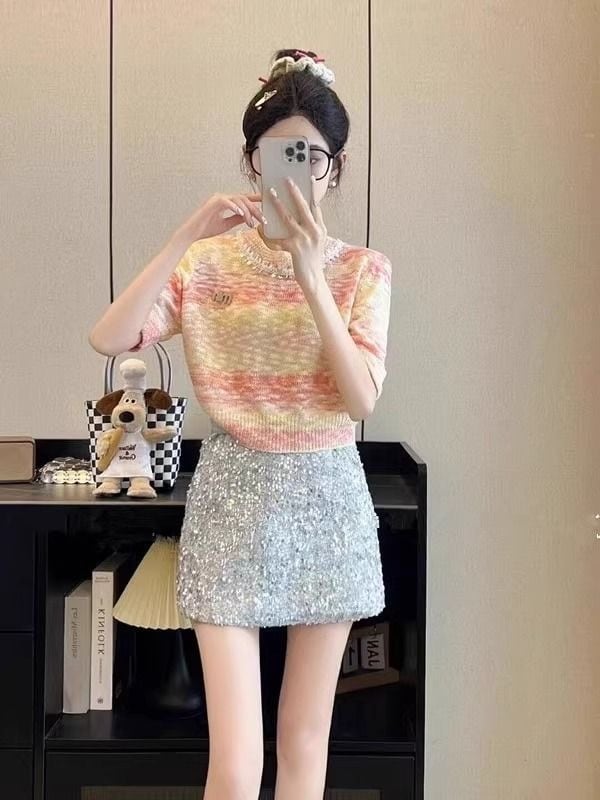 【tops】ラウンドネックニットTシャツF7149