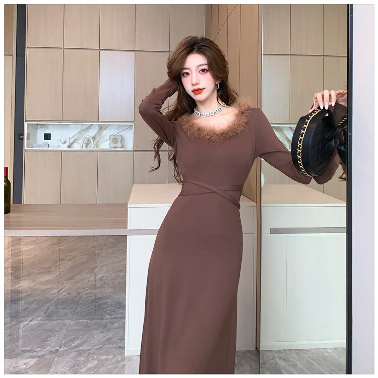 【dress】ファーネックニットワンピース　M18254