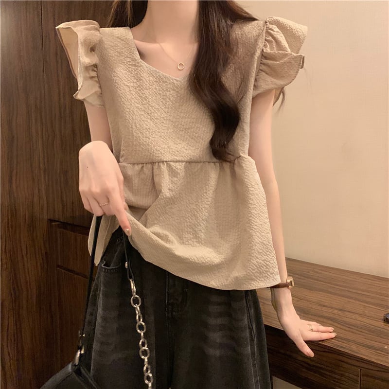 【tops】5色フレンチスリーブフリルブラウスF7483